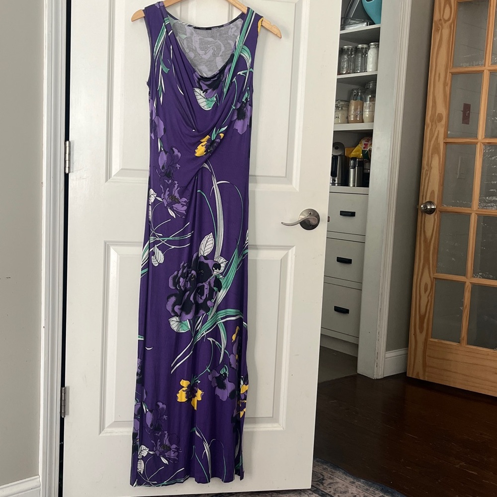 Tahari purple floral maxi dress sleeveless stretch sz small